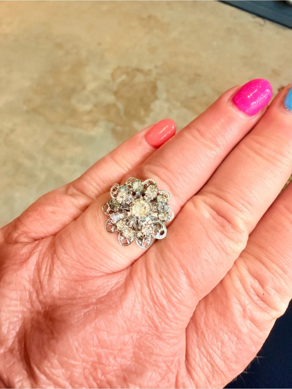 Clear Crystal Floral Cluster Ring in Silver Tone